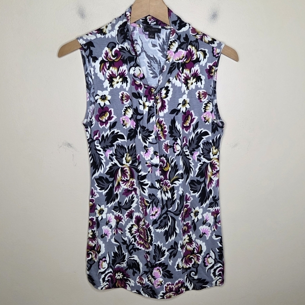 Ann Taylor Factory | Gray Magenta Black Mustard Floral Tank Top Size Small
